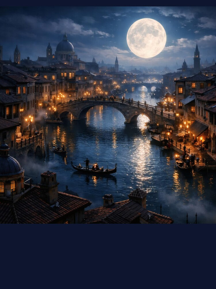 Moonlit Canal City – Magical Fantasy Night Cityscape Wall Art by Spiritveil