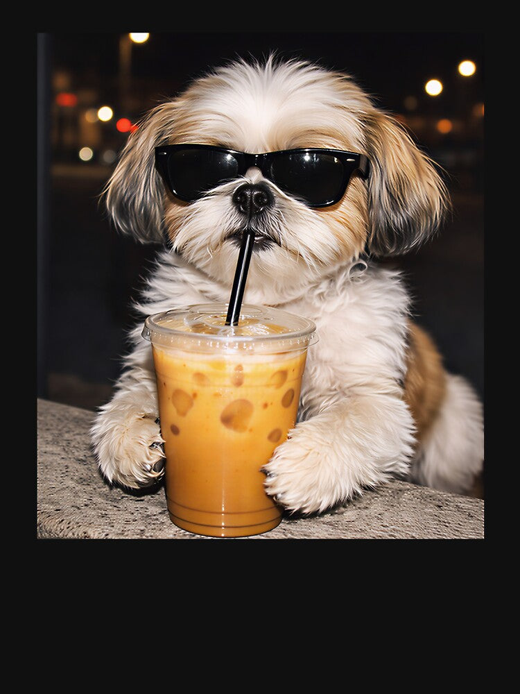 Cool Shih Tzu Drinking Iced Coffee with Sunglasses – Funny Aesthetic Dog Art, Cute Puppy Coffee Lover Design by BrainBubbleArt