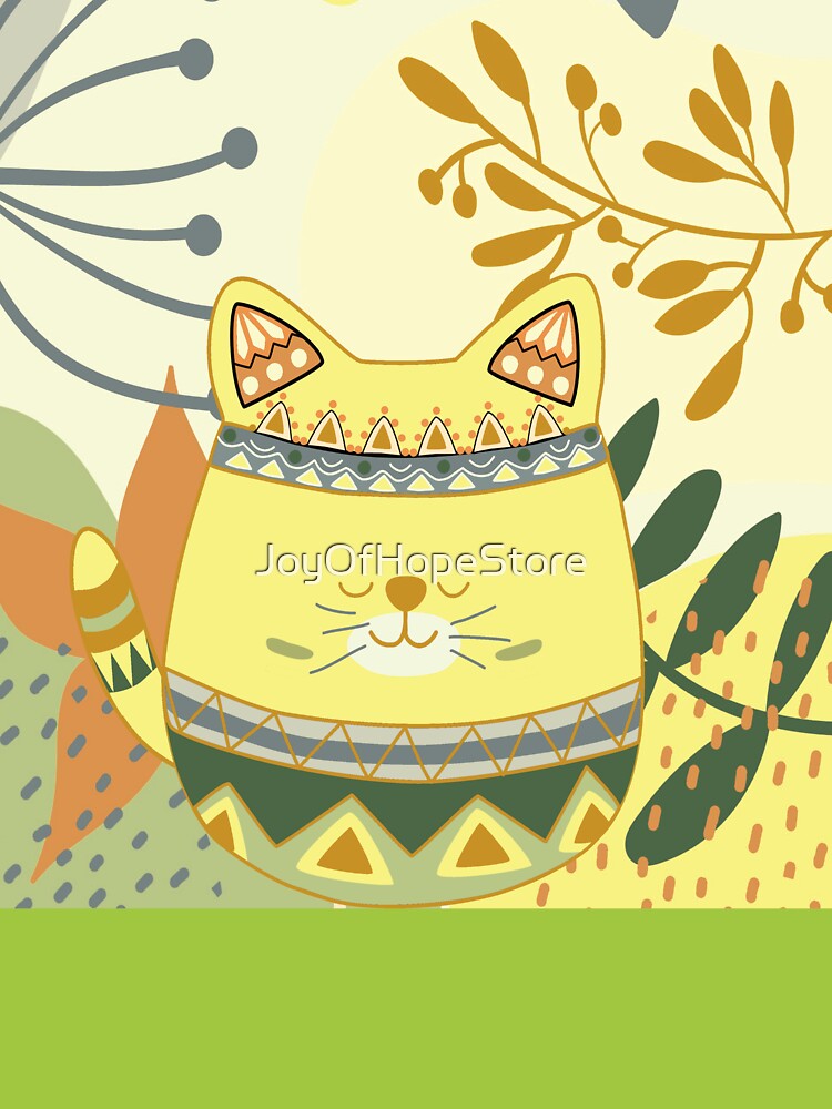 Chubby Boho Kitty Cat with a Chic Boho Background (Yellow Kitty Version) by JoyOfHopeStore