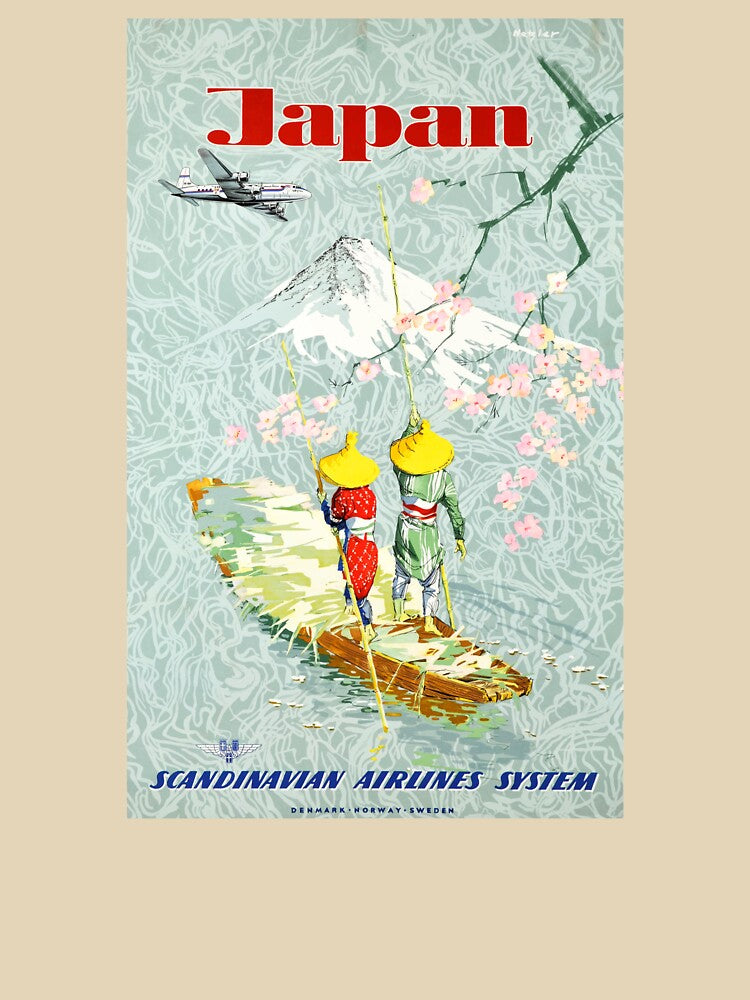 1953 JAPAN Scandinavian Airlines System Travel Poster by retrographics