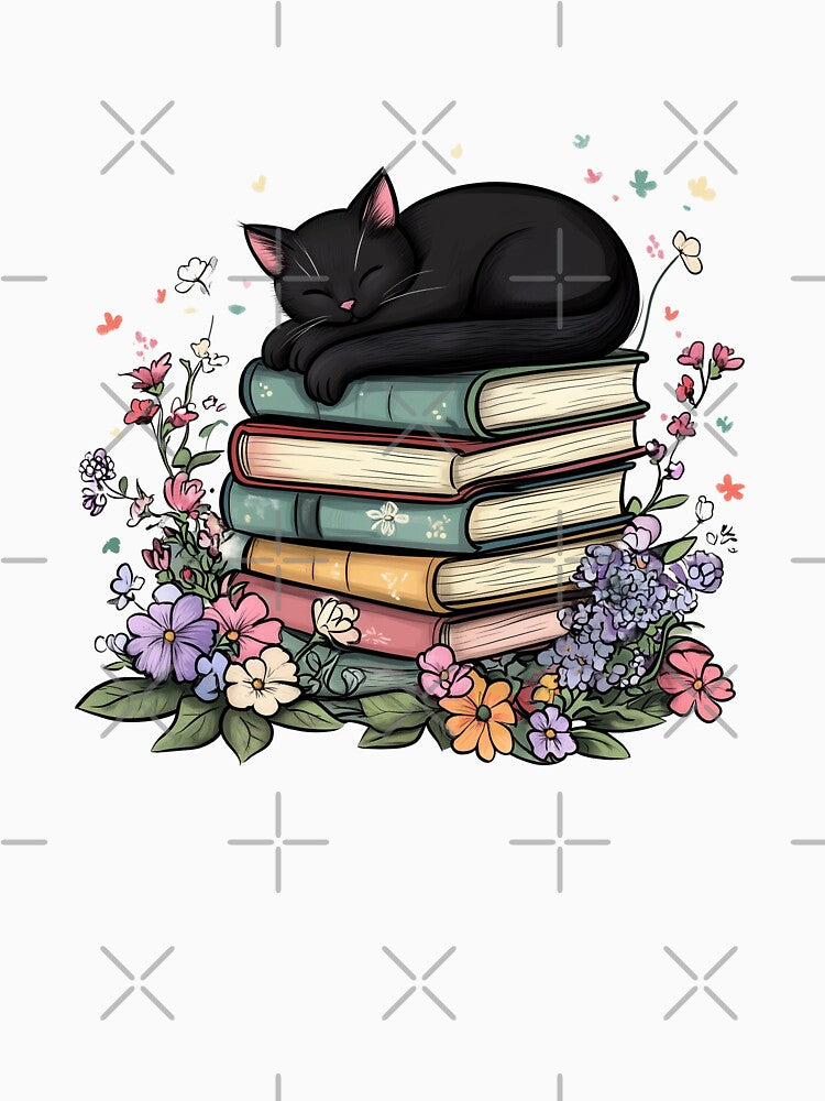 Black Cat Sleeping on Stack of Books by rosebudprintco