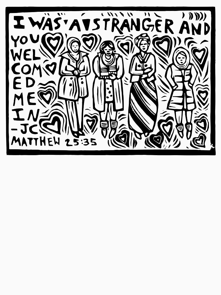 I Was a Stranger and You Welcomed Me In linocut image by SarahFullerArt