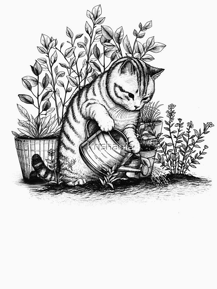Cat Playing Gardening Garden Gardener Plants by Kimberley King Art  King Art