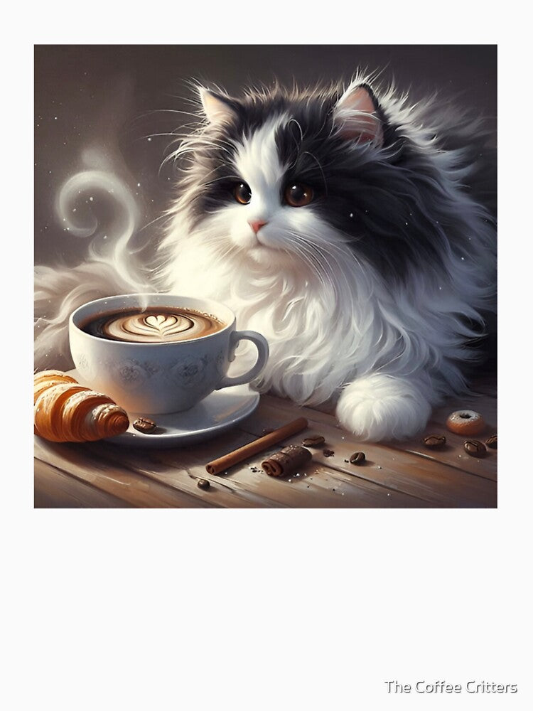Black and White fluffy cat drinking coffee by The Coffee Critters