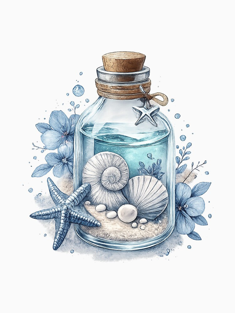 Ocean Memory Bottle – Seashell Beach Aesthetic Coastal Design by Aura.Creative