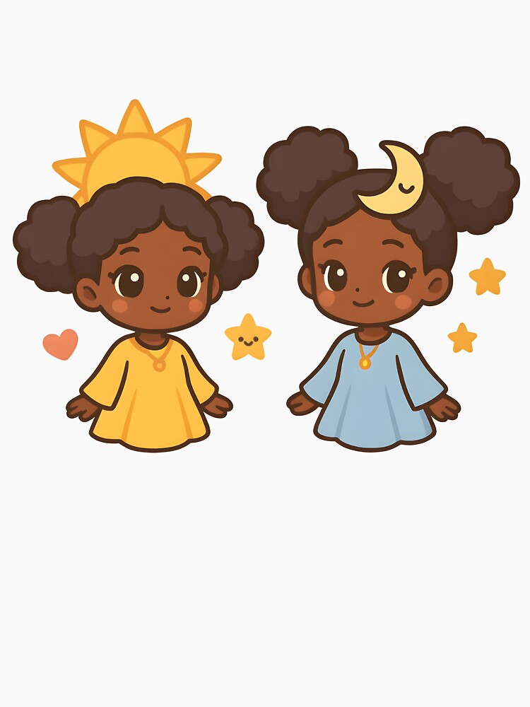Kawaii Afro Sun and Moon Sisters | Cute Celestial Anime Art by OsasChild