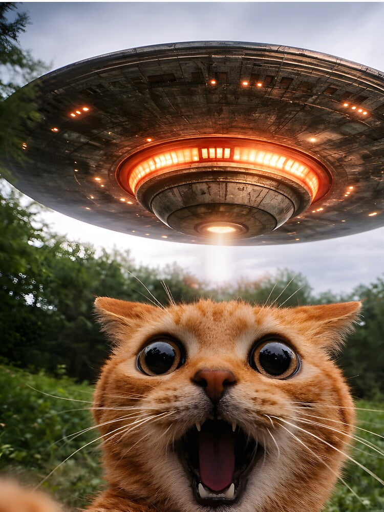 Funny Surreal Worried Cat Taking A Selfie of UFO Alien Spacecraft Humorous Animals by ManxCatAndy