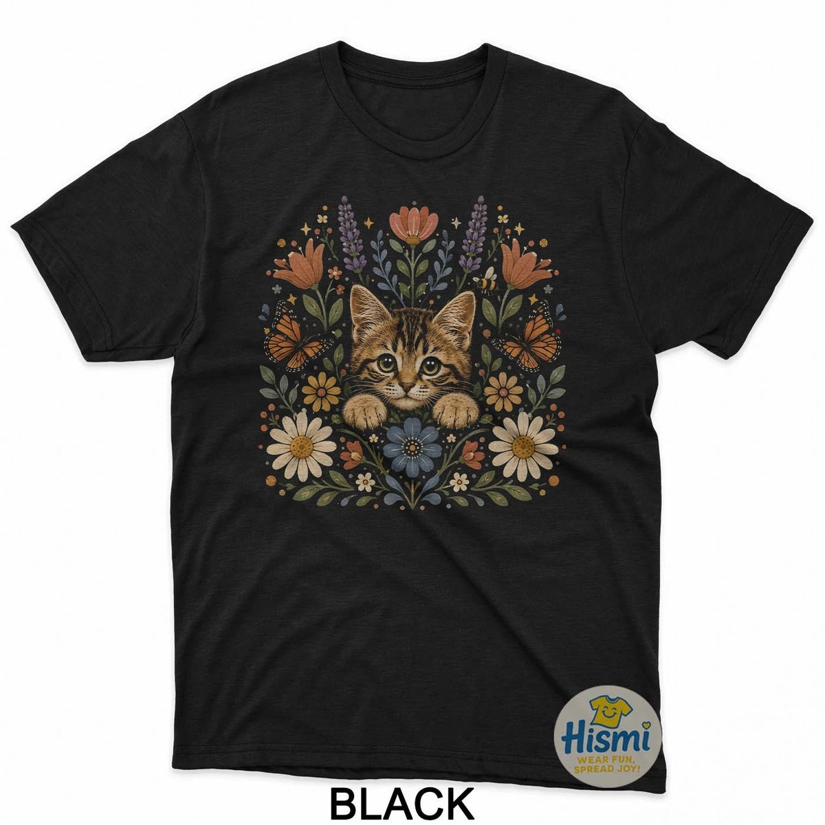 Cute Kitten Wildflower Floral Cat Butterfly Cottagecore Graphic T-Shirt