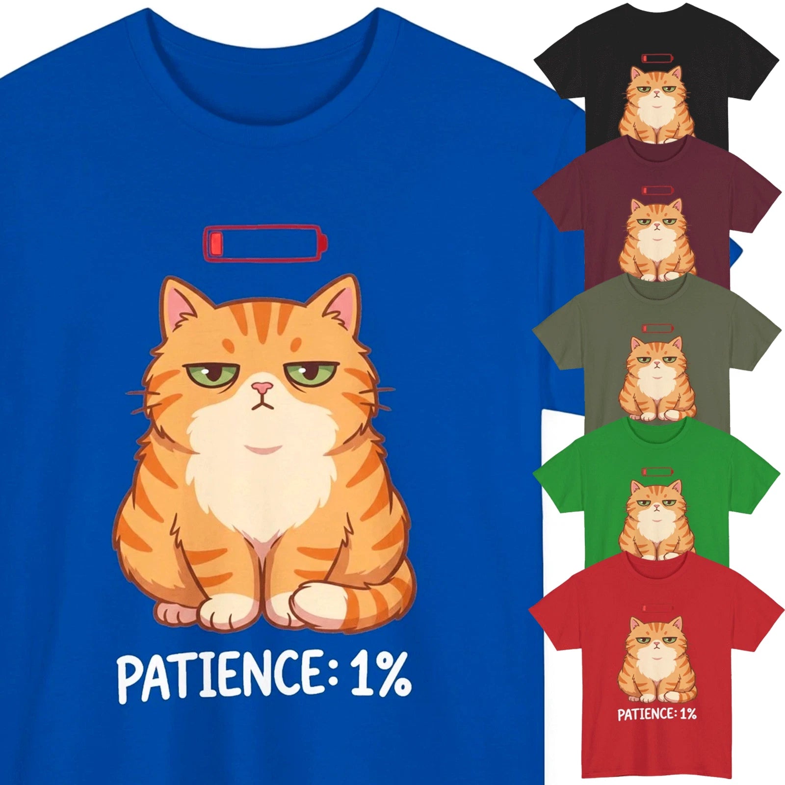 Funny Patience Cat Mens T-Shirt Low Battery Sarcastic Kitty Holiday Graphic Tee