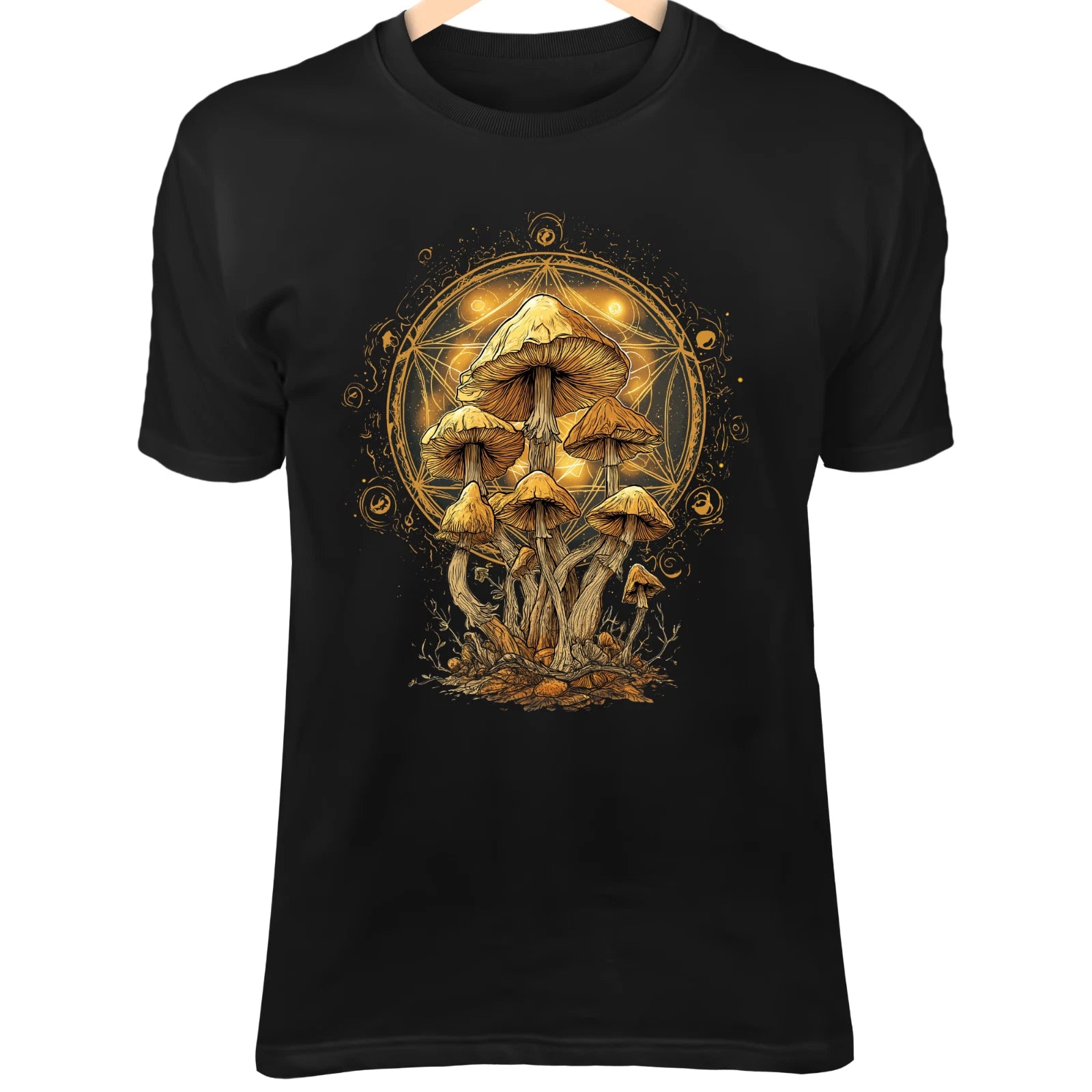 Mushroom Fairy Circle - Golden Metatron’s Cube Mandala, Warm Earthy Glow Sacred