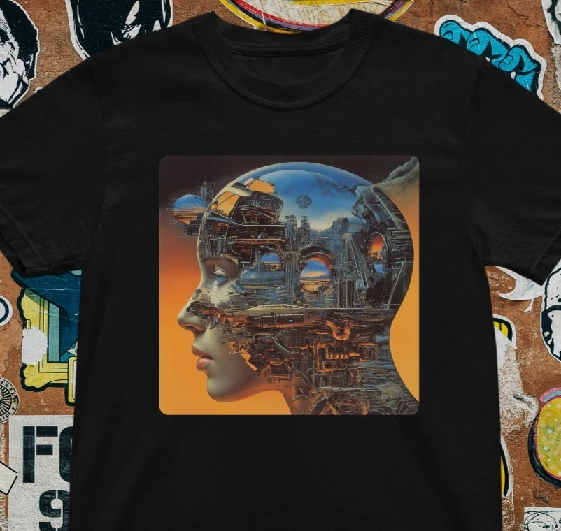 Futuristic Mind T-Shirt - Cyberpunk City in Head Art Tee, Sci-Fi Surreal Design