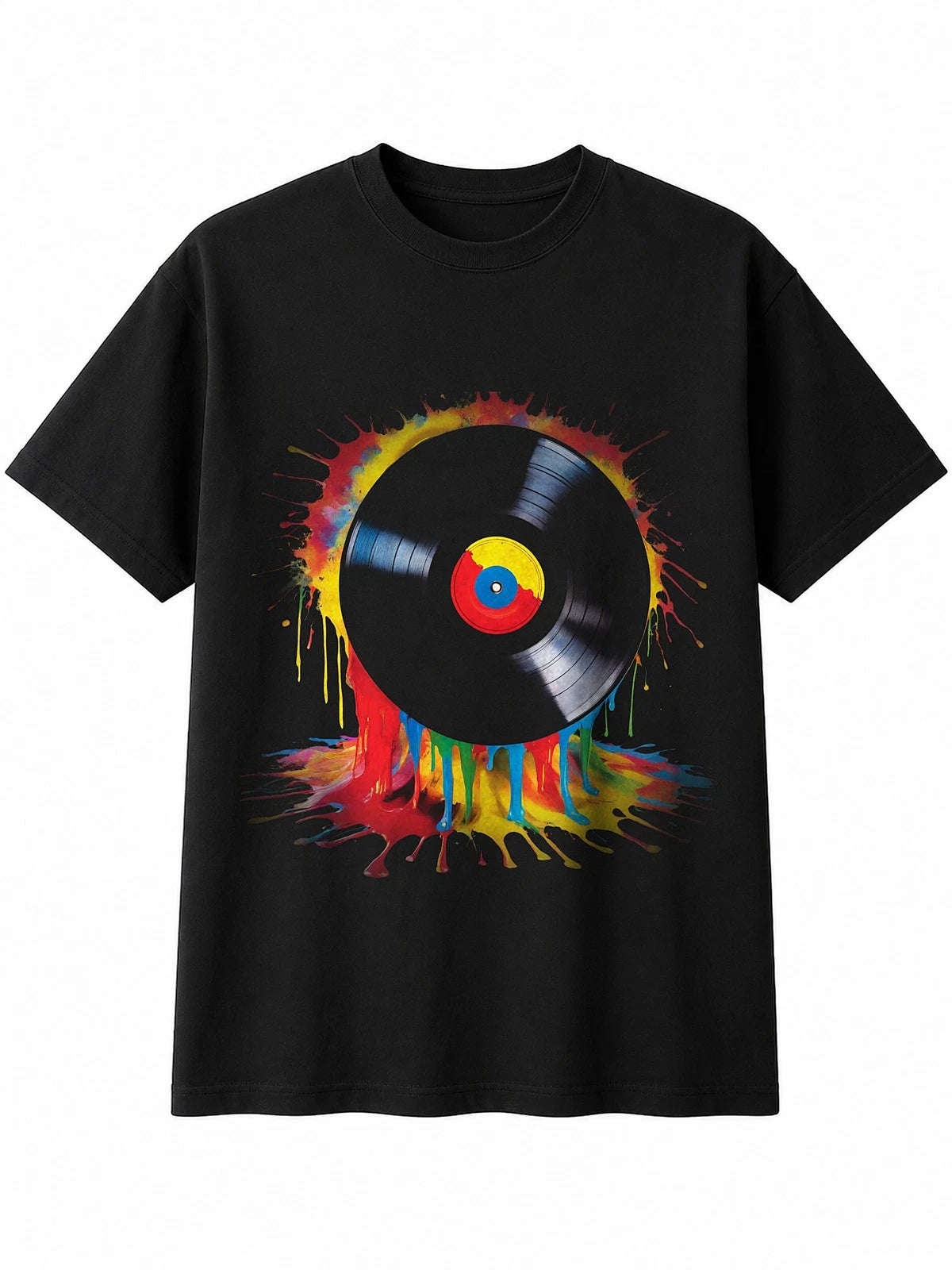 Splatter Art Vinyl Record Player Sunbeams Retro Y2K Mens T-Shirt Black Novelty