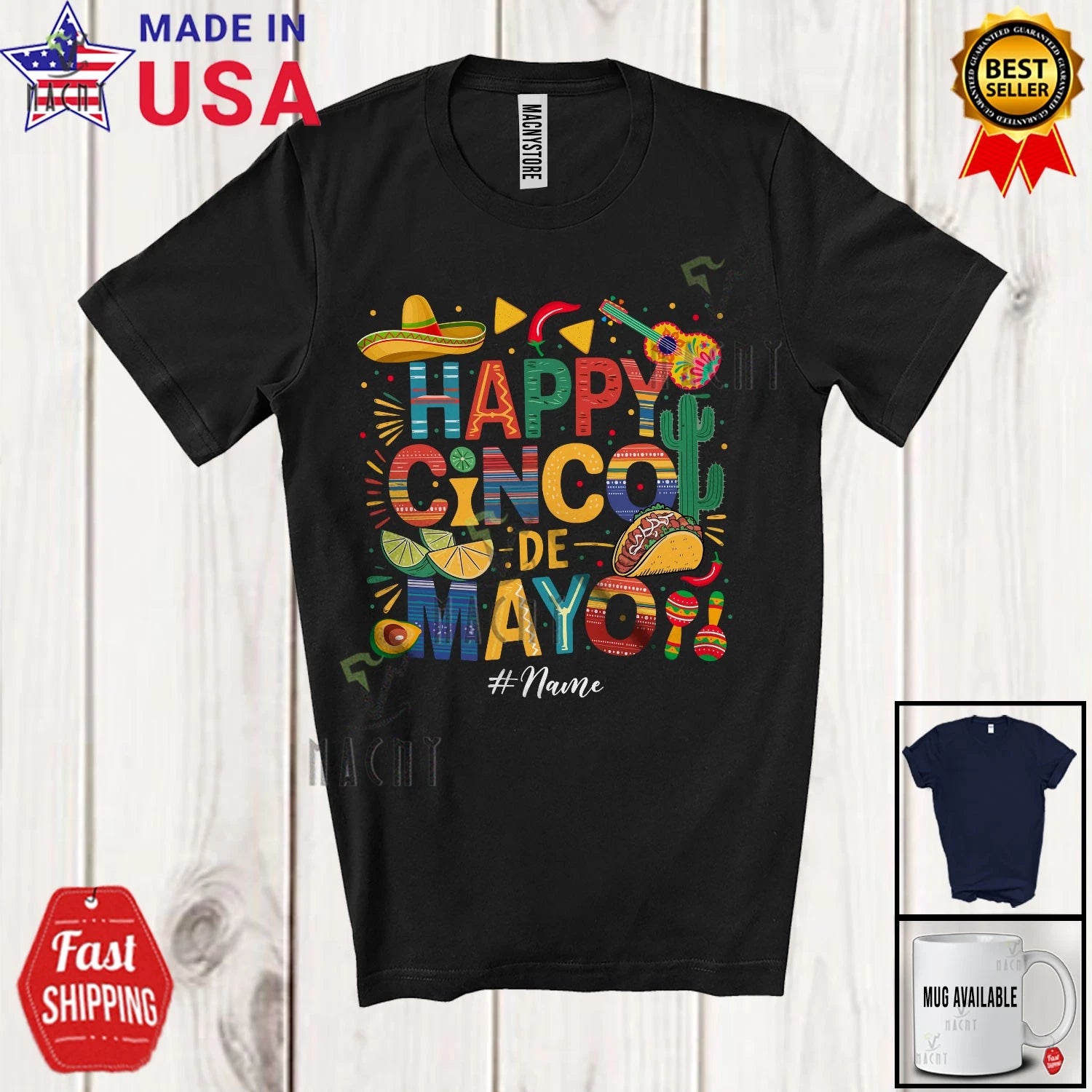 Happy Cinco De Mayo; Custom Name Mexican Sombrero Taco Cactus; Family T-Shirt