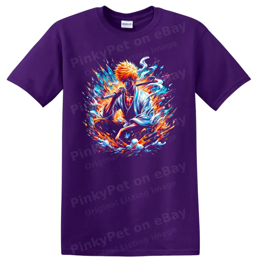 Ichigo Kurosaki Anime T Shirt w/ Energy Sword Color Splash Graphic Style Tee