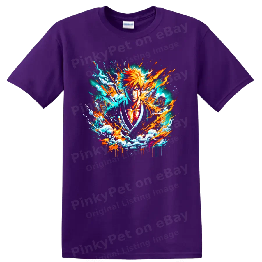 Ichigo Kurosaki T Shirt Fiery Anime Warrior w/ Energy Waves Graphic Colorful Tee