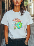 Cute Earth Day Tee Protect the Planet Cartoon Design Unisex Casual T-shirt