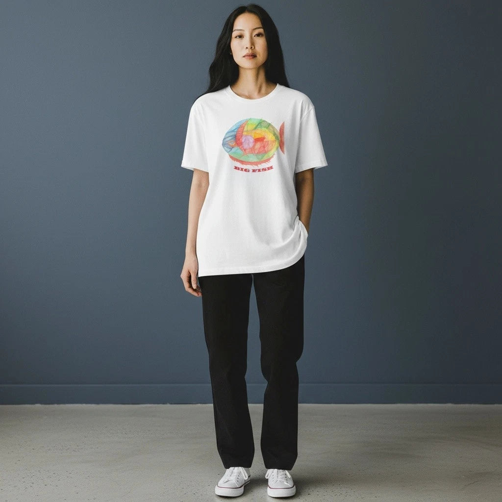 Big Fish T-Shirt One-Line Hand Drawn Abstract Art Colored Pencil Unisex Tee