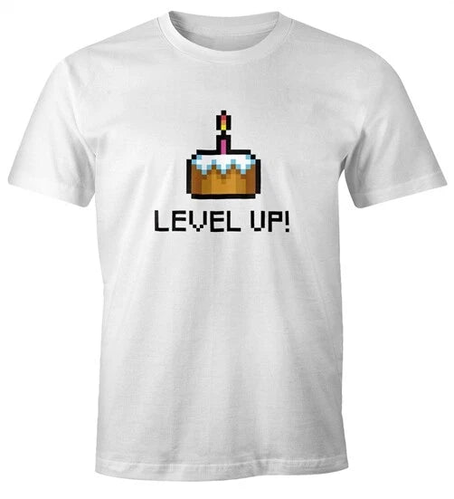 Mens T-Shirt Birthday Level Up Pixel Cake Retro Gamer Pixel Graphic Gift