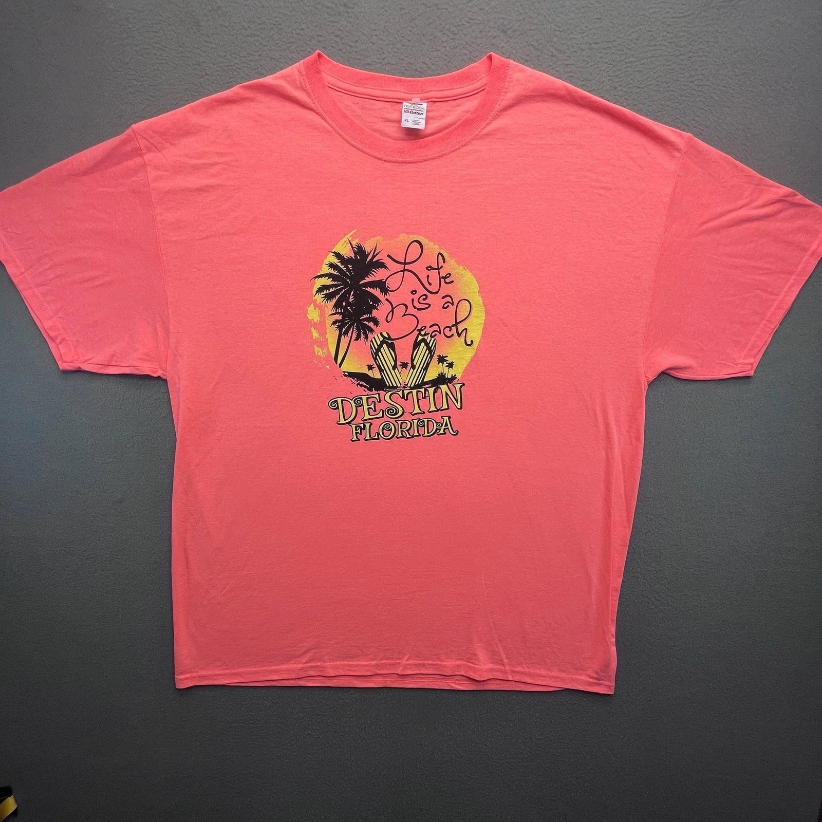VTG Fruit of the Loom Destin Florida Beach Palm Tree Sunset Graphic Tee Coral XL