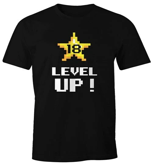 Mens T-Shirt Birthday Level Up Pixel Star Retro Gamer Pixel Graphic Gift
