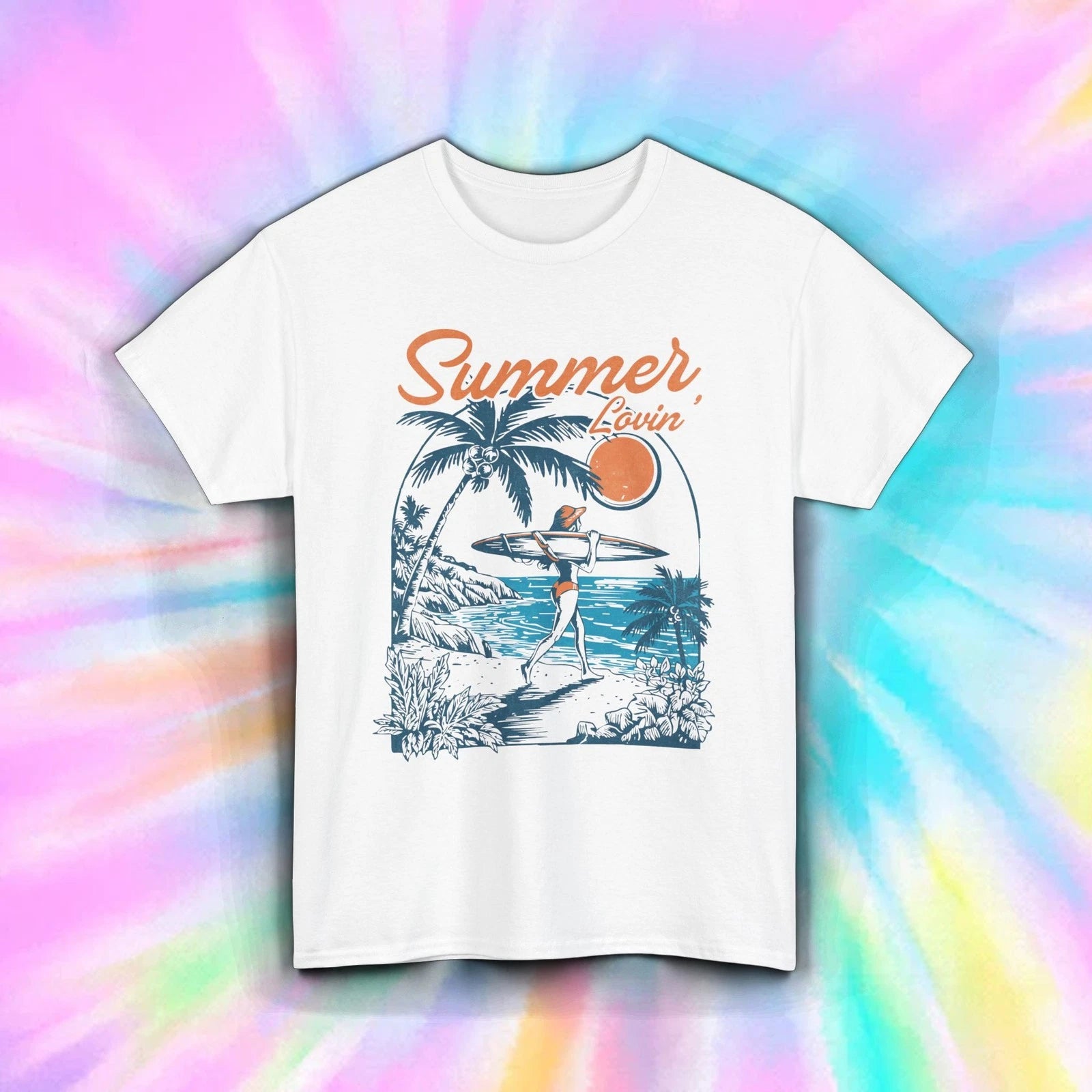 Summer Lovin' Shirt Retro Surfer Girl Sunset Beach Vacation Vibes Tee S-5XL