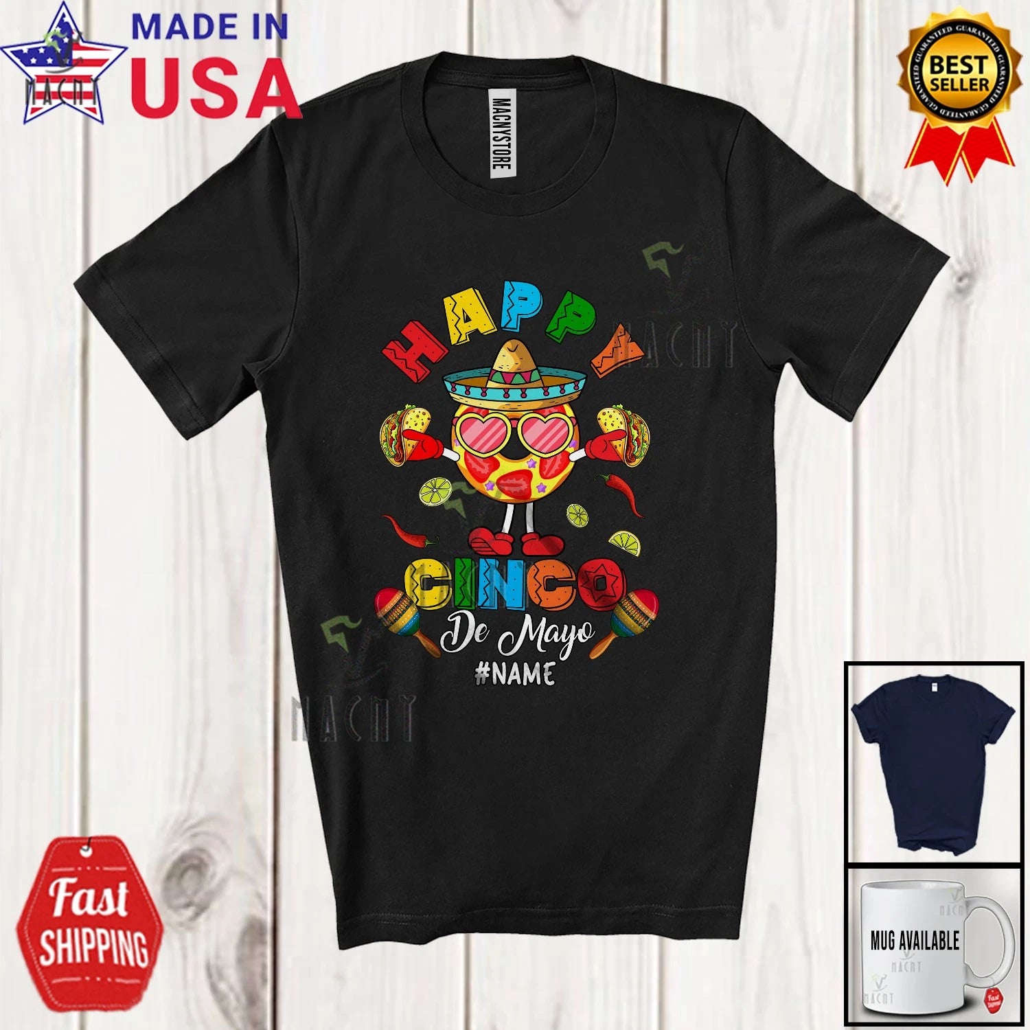 Happy Cinco De Mayo; Amusing Custom Name Mexican Sombrero Donut With Taco Shirt