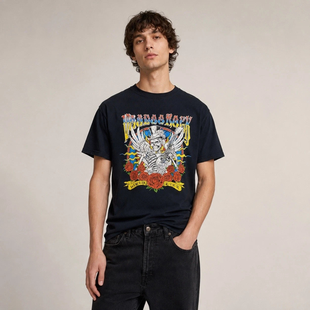 Vintage Road Rock Skeleton Guitar Graphic Band T-Shirt Black 100% Cotton S