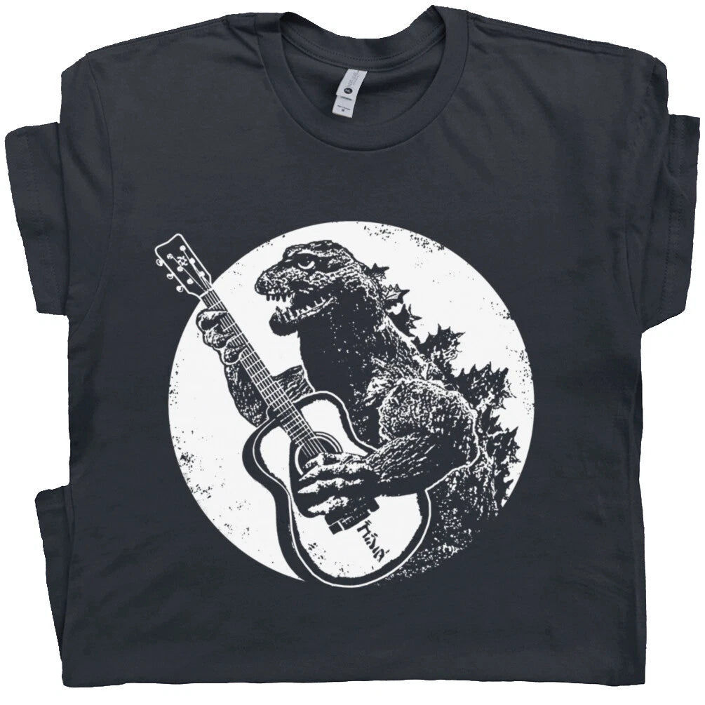 Cool Guitar T Shirt Vintage Godzilla Graphic Tee Acoustic Guitar Electric Bass