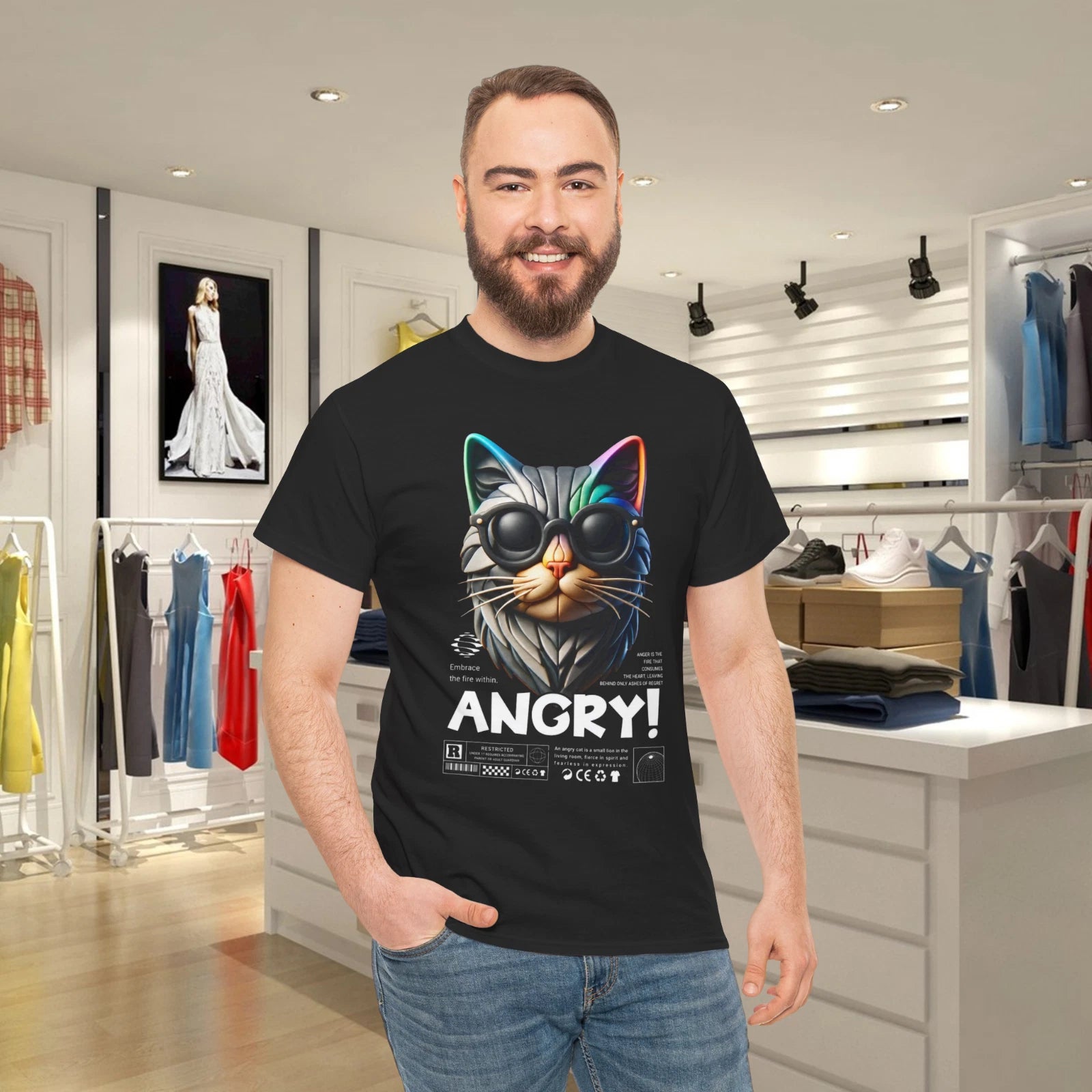 Angry Cat Goggles Neon Cyberpunk Streetwear Graphic T-Shirt