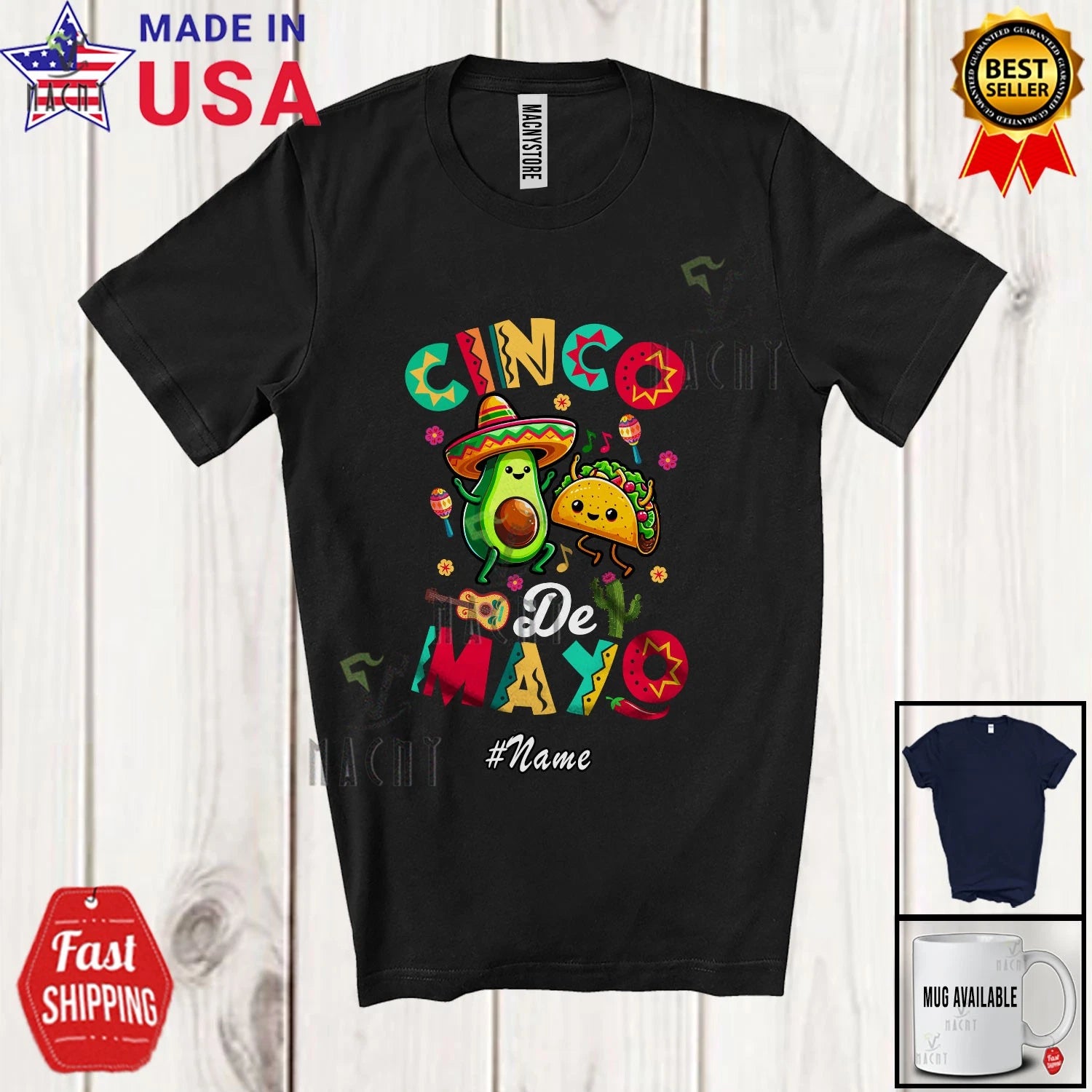 Custom Name Cinco De Mayo; Humorous Mexican Sombrero Avocado Taco Family Shirt
