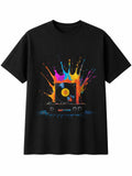 Splatter Art Vinyl Record Player Mens T-Shirt Retro Y2K Black 100% Cotton 90s
