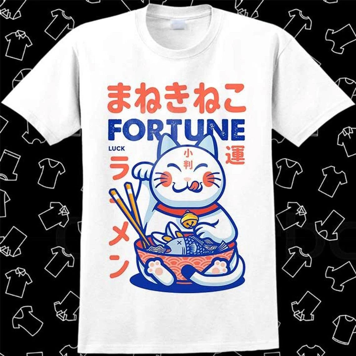 Ramen Maneki Neko Fortune Teller Lucky Cat Noddle T Shirt