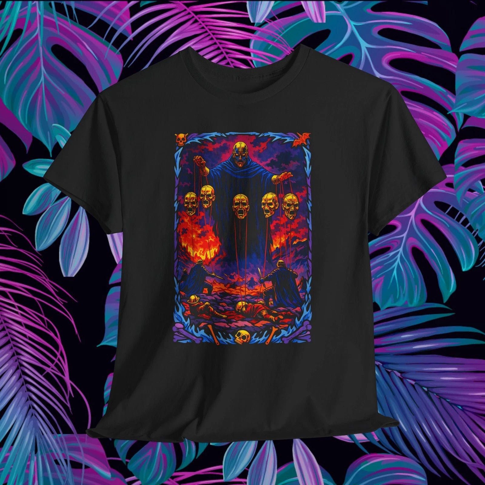 Retro Skulls & Flames Poster warrior fantasy Style T-Shirt | Horror Art Tee