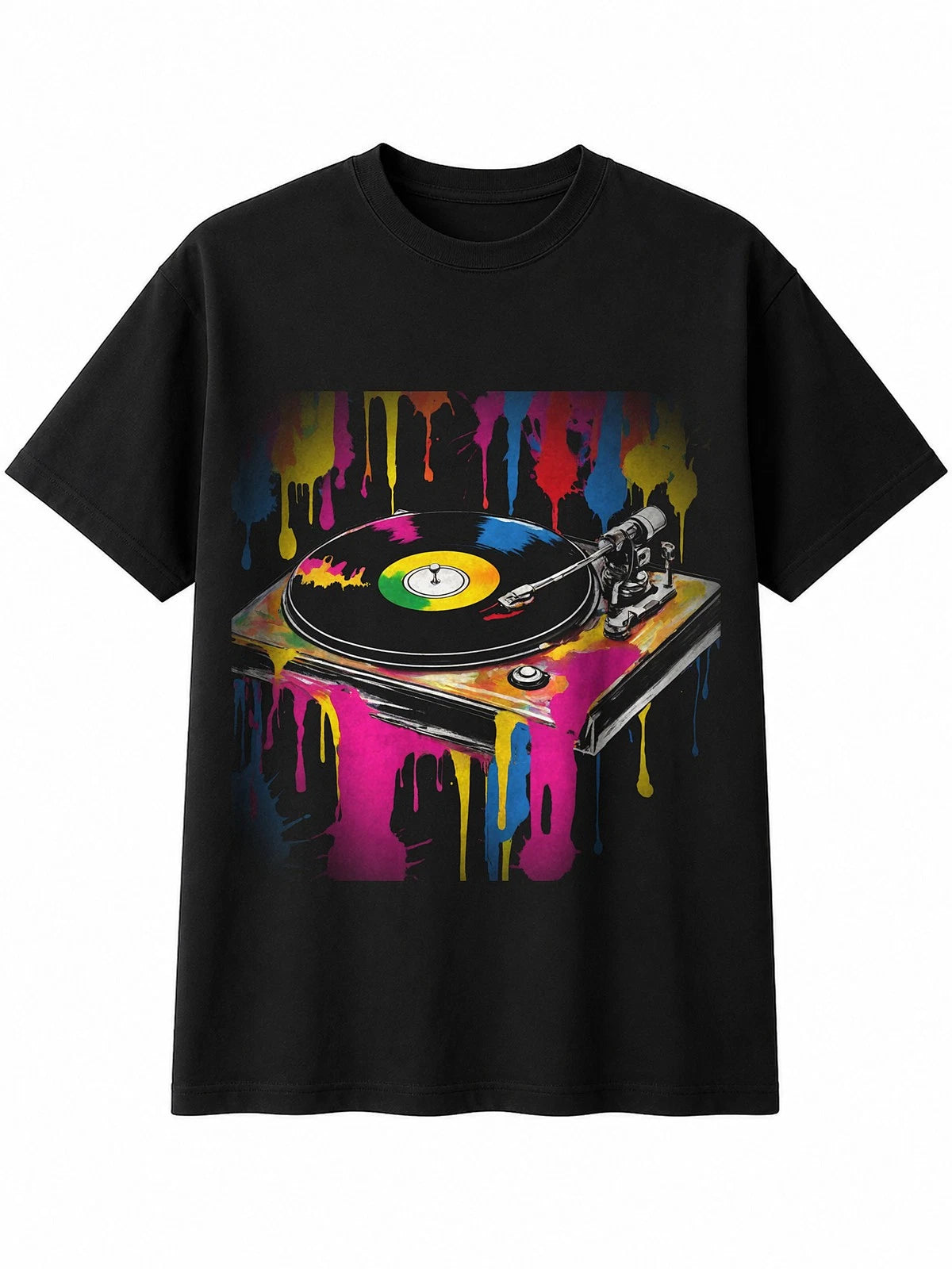 Splatter Art Vinyl Record Player Brushstroke Mens T-Shirt Retro Y2K Black 90s