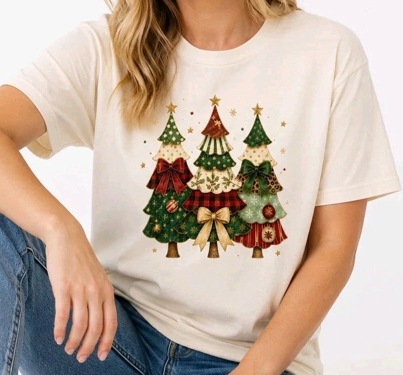 Patchwork Christmas Trees Shirt Festive Bow Holiday Graphic Tee Womens Gift Top