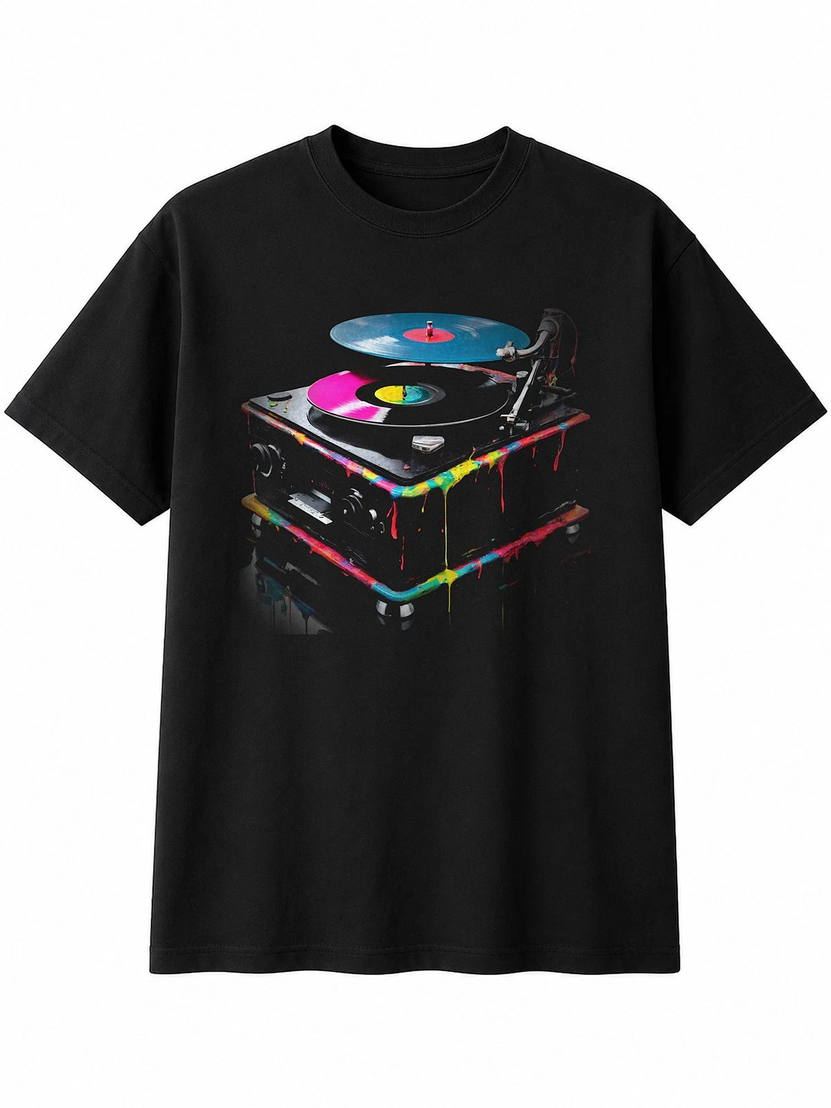 Splatter Art Vinyl Record Player Portrait Retro Y2K Mens T-Shirt Black Xmas