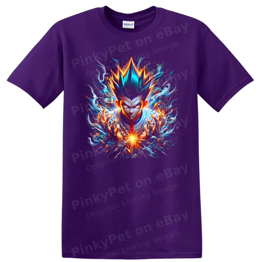 Anime Warrior T Shirt w/ Fiery Blue Energy Aura Fantasy Action Graphic Art Tee