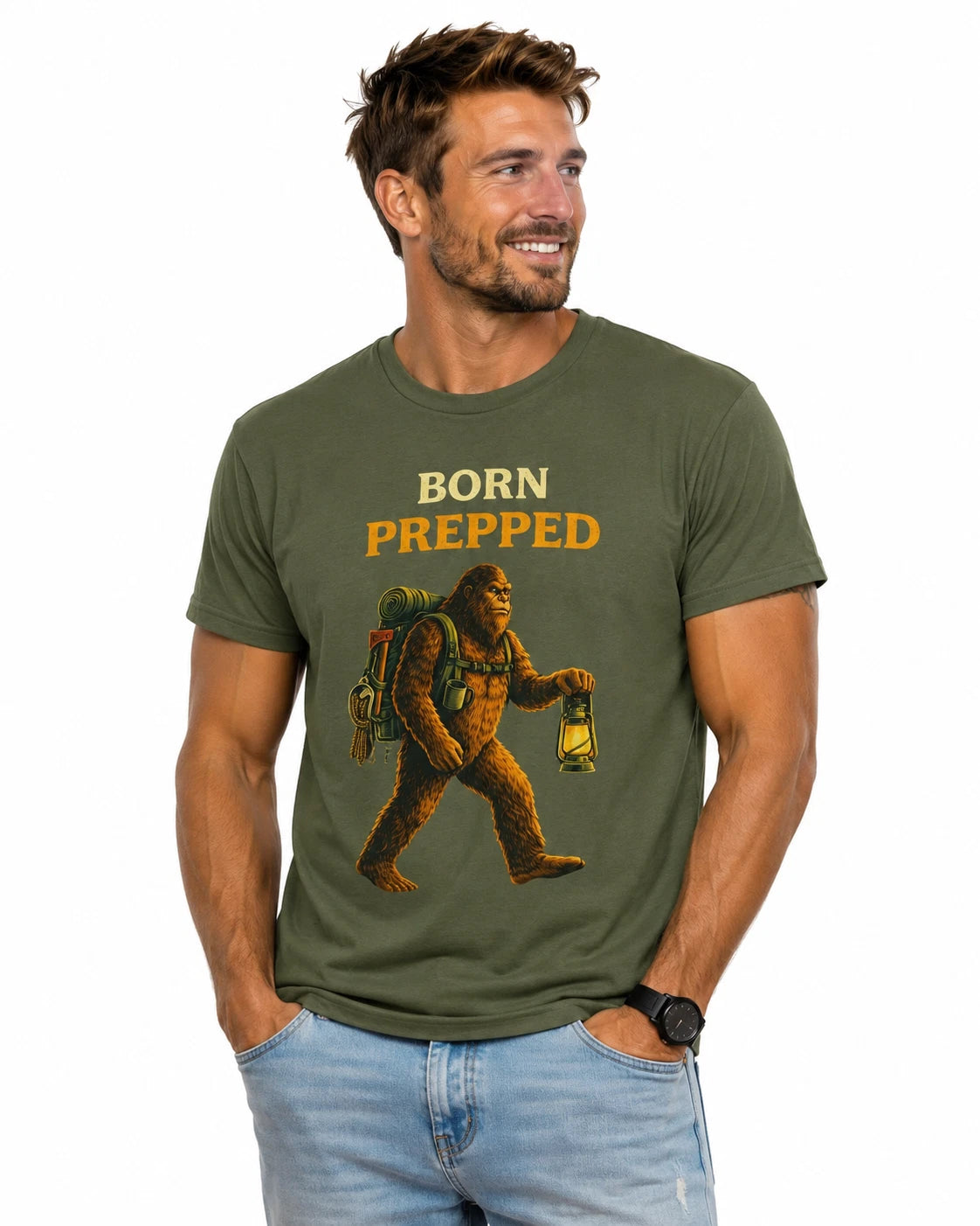 Born Prepped Bigfoot T-Shirt Sasquatch Camping Survival Graphic Tee