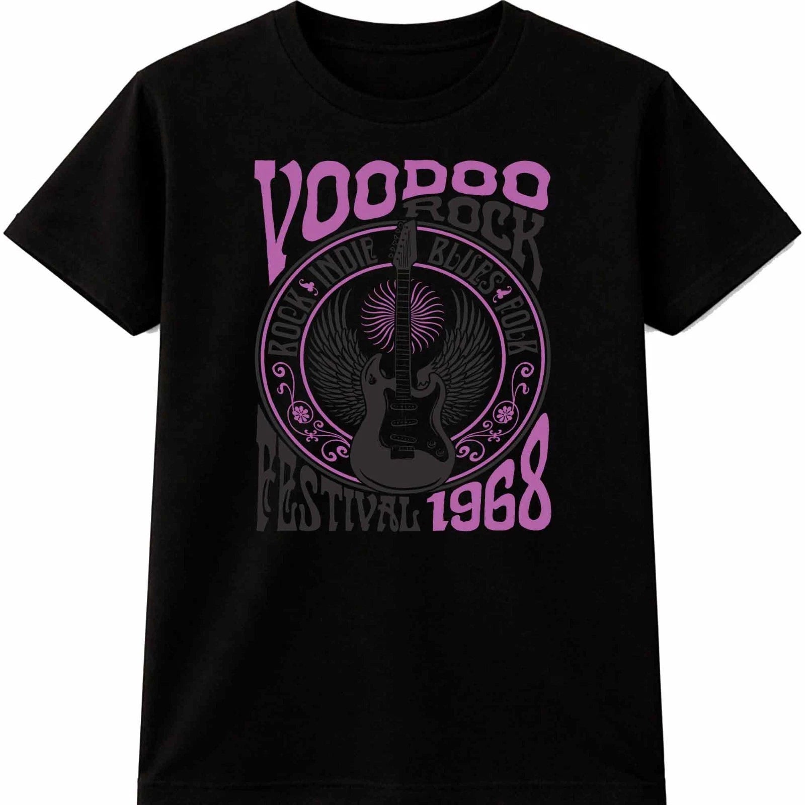Voodoo Rock Festival 1968 Winged Electric Guitar Indie Blues Graphic T-Shirt.