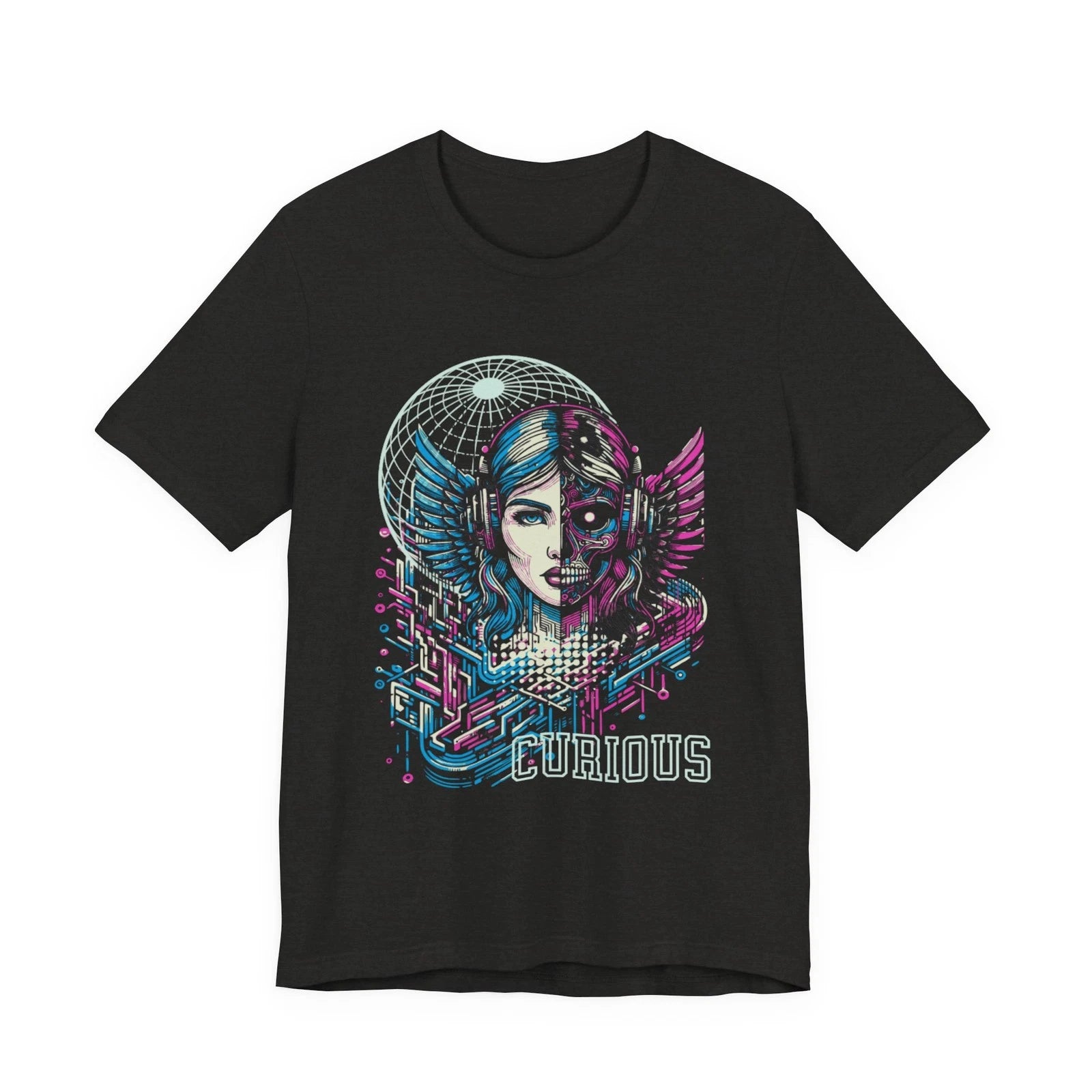 Curious Cyberpunk Portrait Tee - Retro Neon Futuristic Unisex Graphic T-Shirt