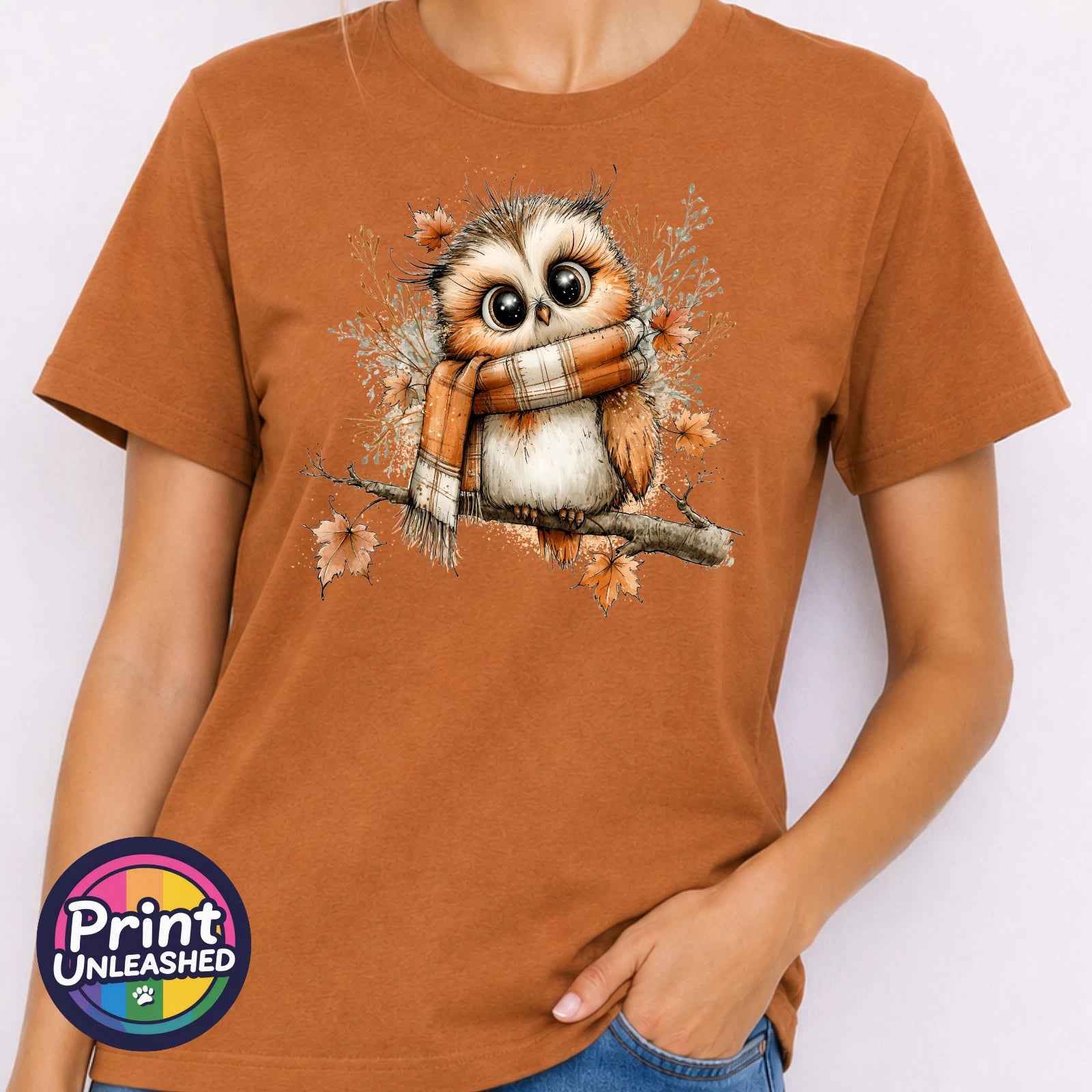 Fluffy Owl T-Shirt Cosy Scarf Woodland Bird Tee Enchanted Autumn Top Gift Unisex