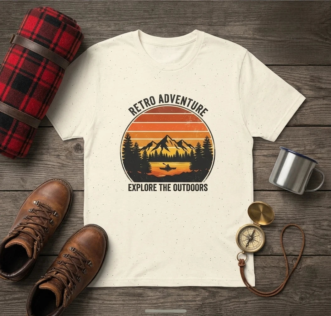 Vintage Kayak Retro Sunset T-Shirt 70s Mountain Silhouette Graphic Tee Men Women