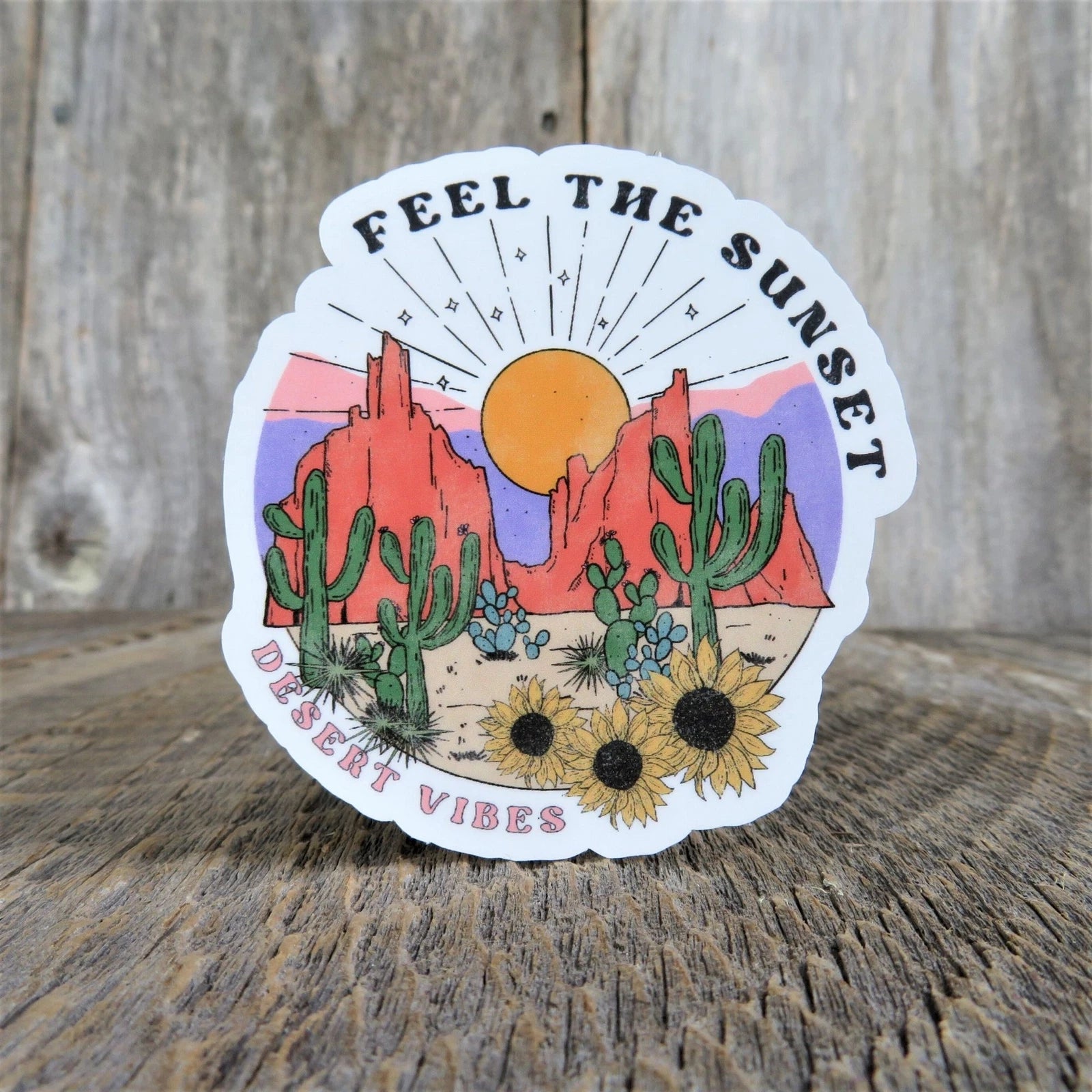 Feel the Sunset Desert Vibes Sticker Retro Cactus Full Color Waterproof Summer