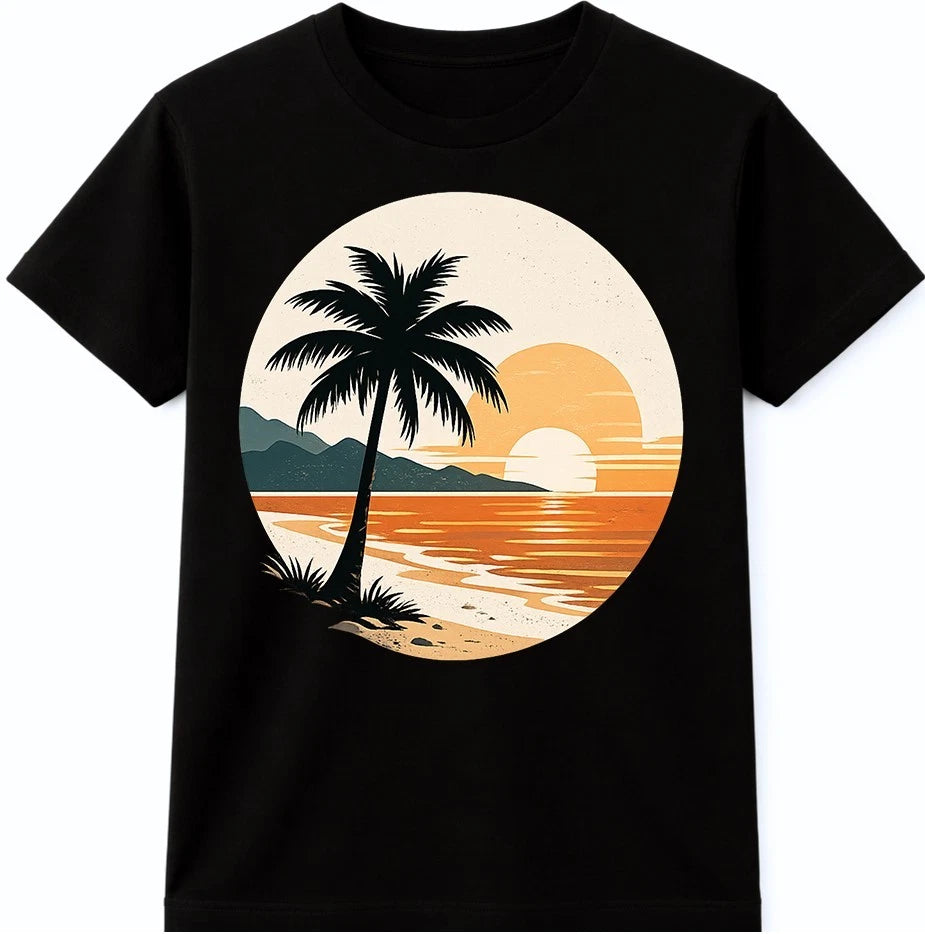 Retro Sunset Beach Palm Tree Tropical Landscape Art Summer Vibes Graphic T-Shirt