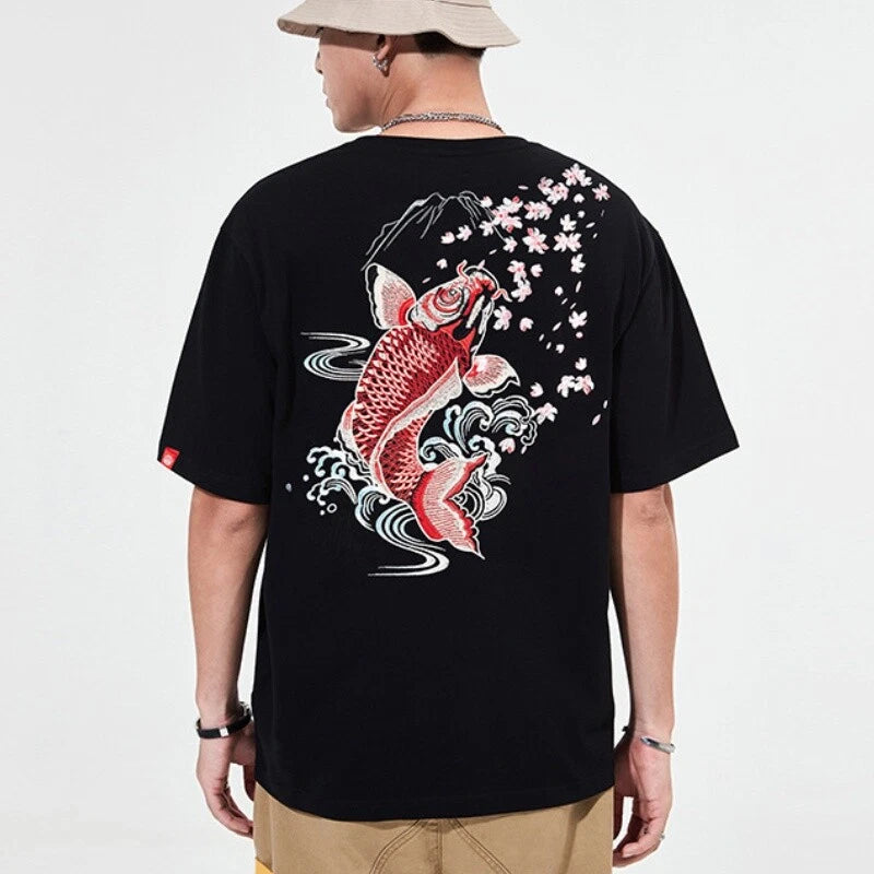 Men Koi Fish Print T-Shirt Embroidery Chinese Blouse Short Sleeve Tee Shirt