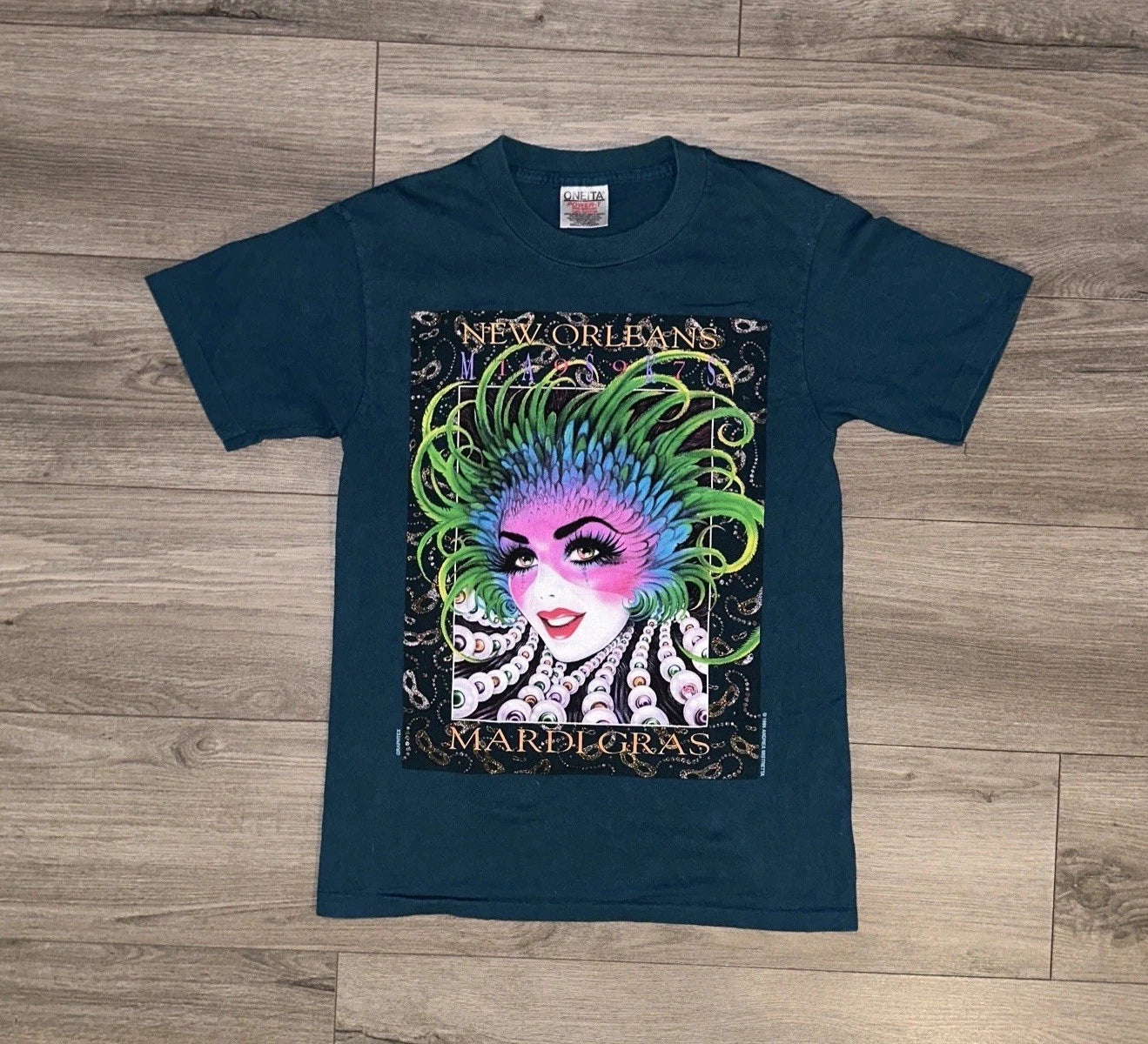 Vintage New Orleans Marci Gras Masquerade Graphic Print Tee Shirt Mens S Small