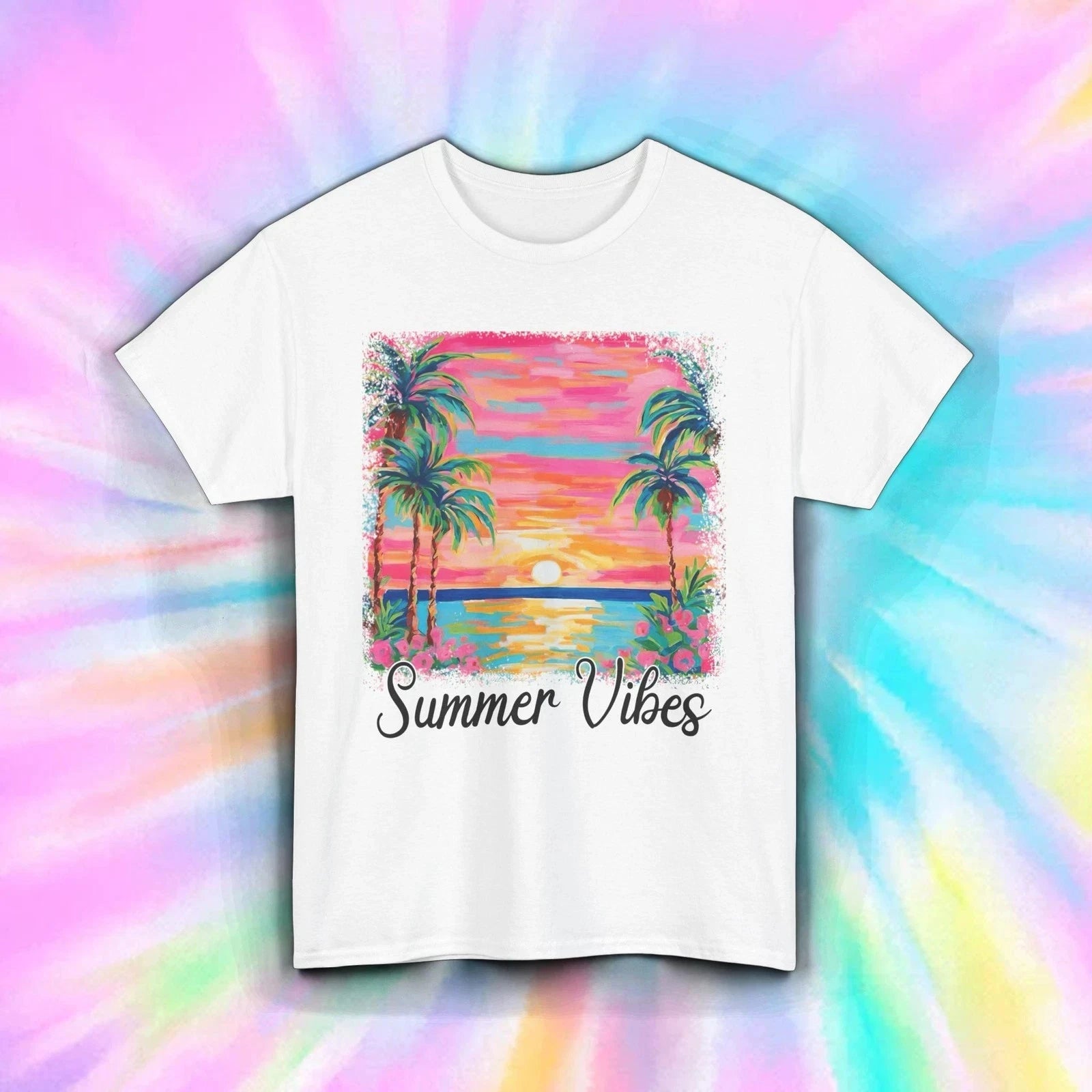 Summer Vibes Shirt Tropical Sunset Beach Vacation Palm Trees Art Tee S-5XL