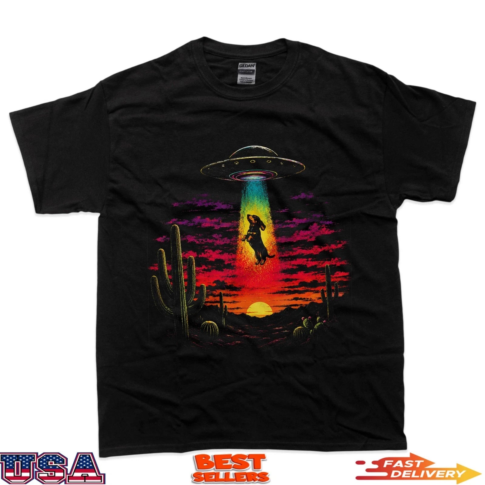Funny Dachshund Ufo Abduction Desert Sunset Dog Art T-Shirt