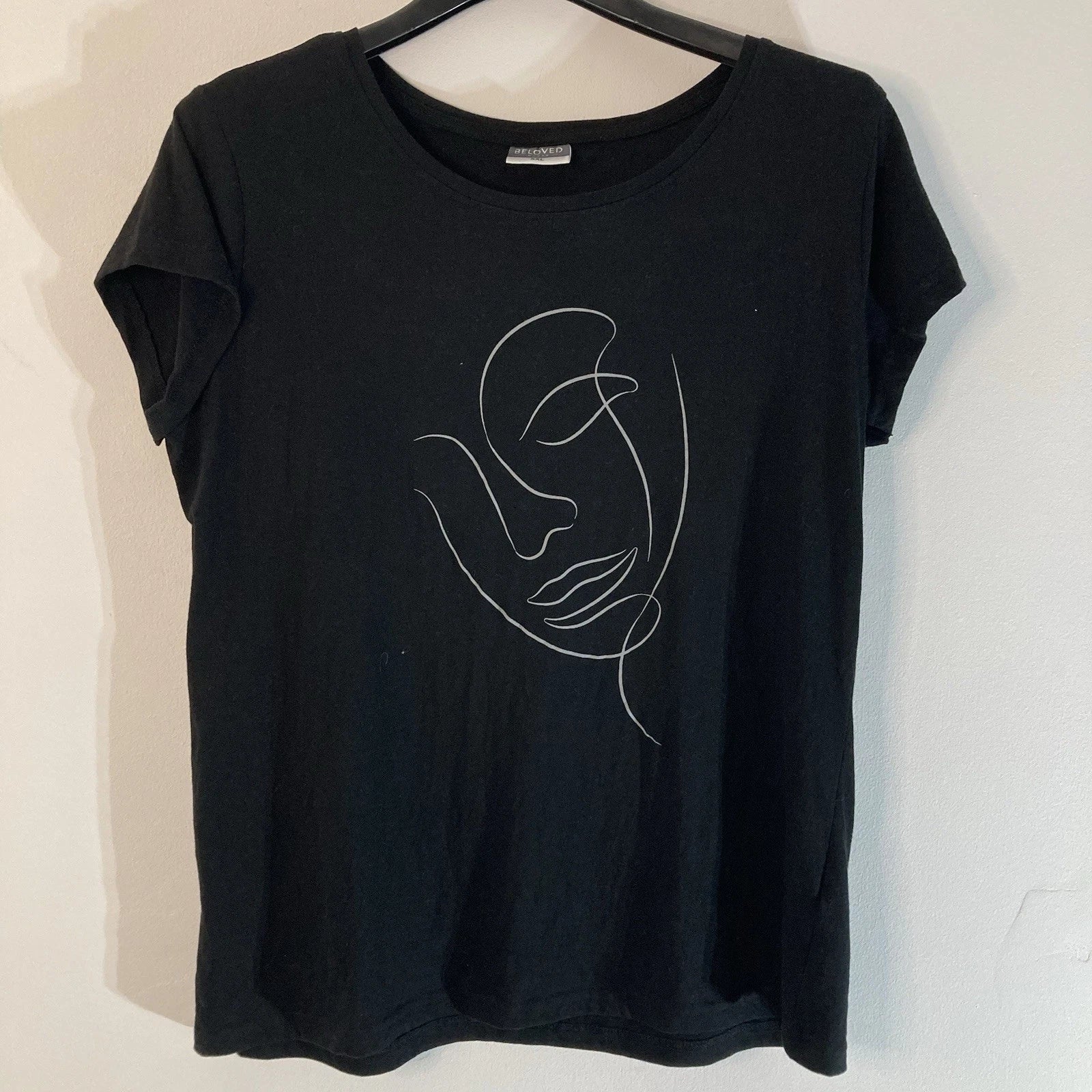 Women’s Black T-Shirt – Beloved Woman Line Art Face Graphic Tee – Size XXL