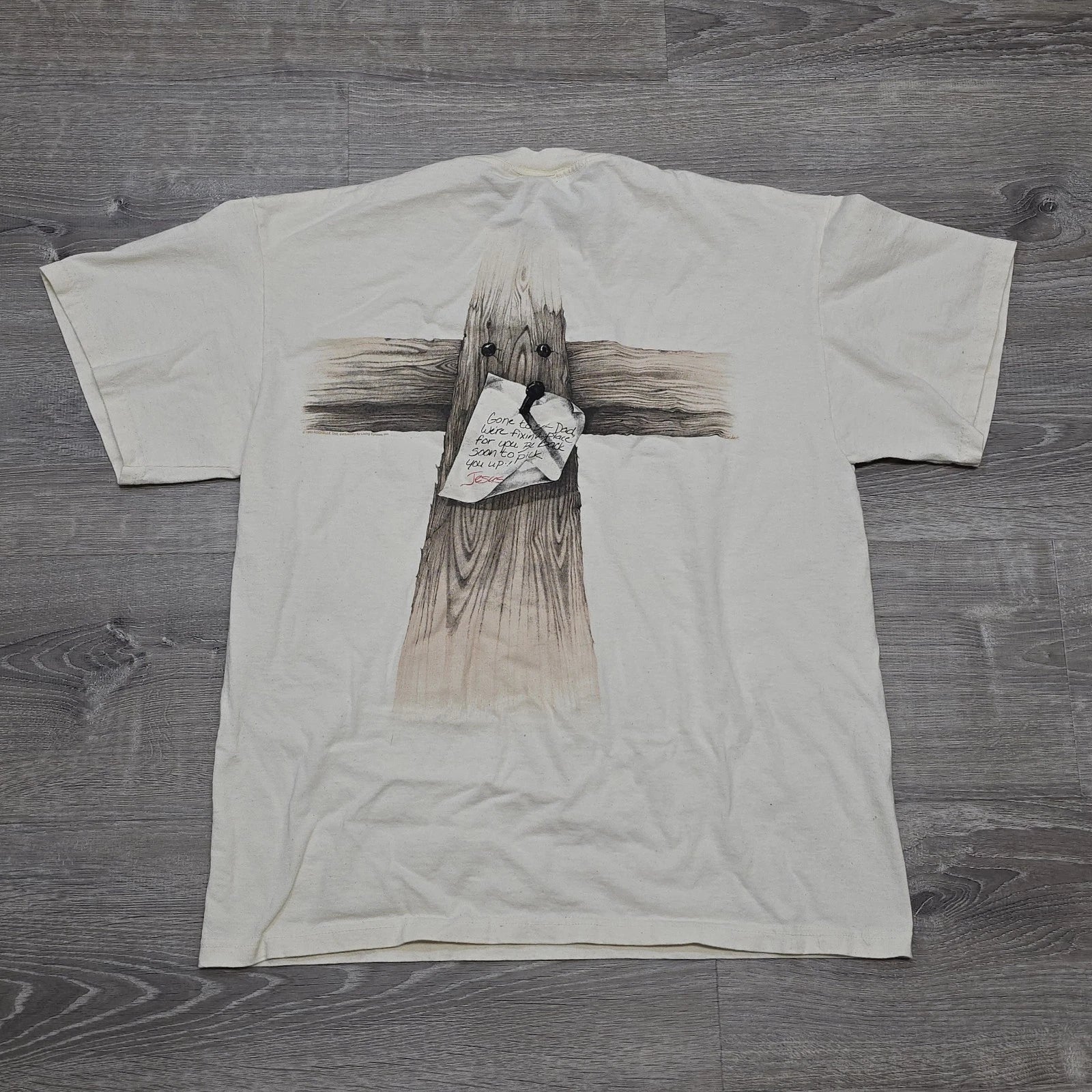 Vintage 1993 Jesus Religion Gone to See Dad Cross White Beige Mens Large T-Shirt